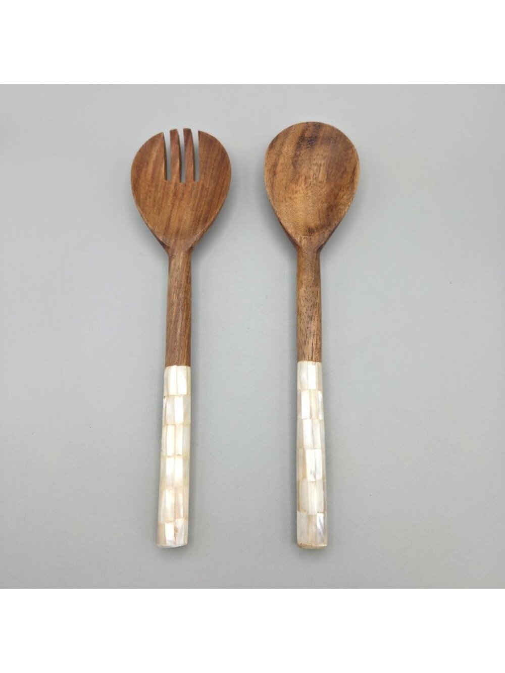 Handcrafted Palm Wood Salad Server Set Mother Of Pearl Block Tile Inlay Handles